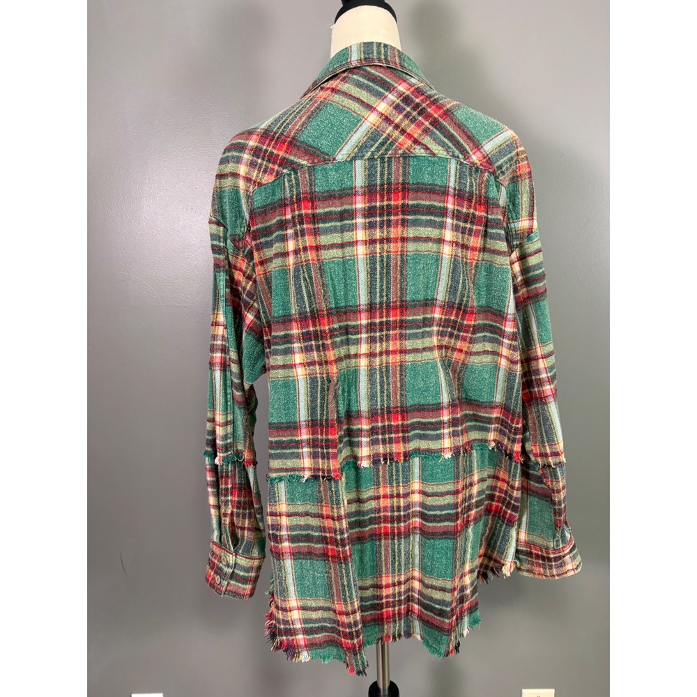 Oli & Hali Plaid Button Down Shacket Womens S Green Raw Hem Grunge Shabby Boho - Picture 2 of 10